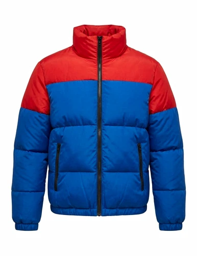 Forever 21 Mens Red/Blue Colorblock Puffer Jacket Stand-Up Collar Full Zip  video thumbnail