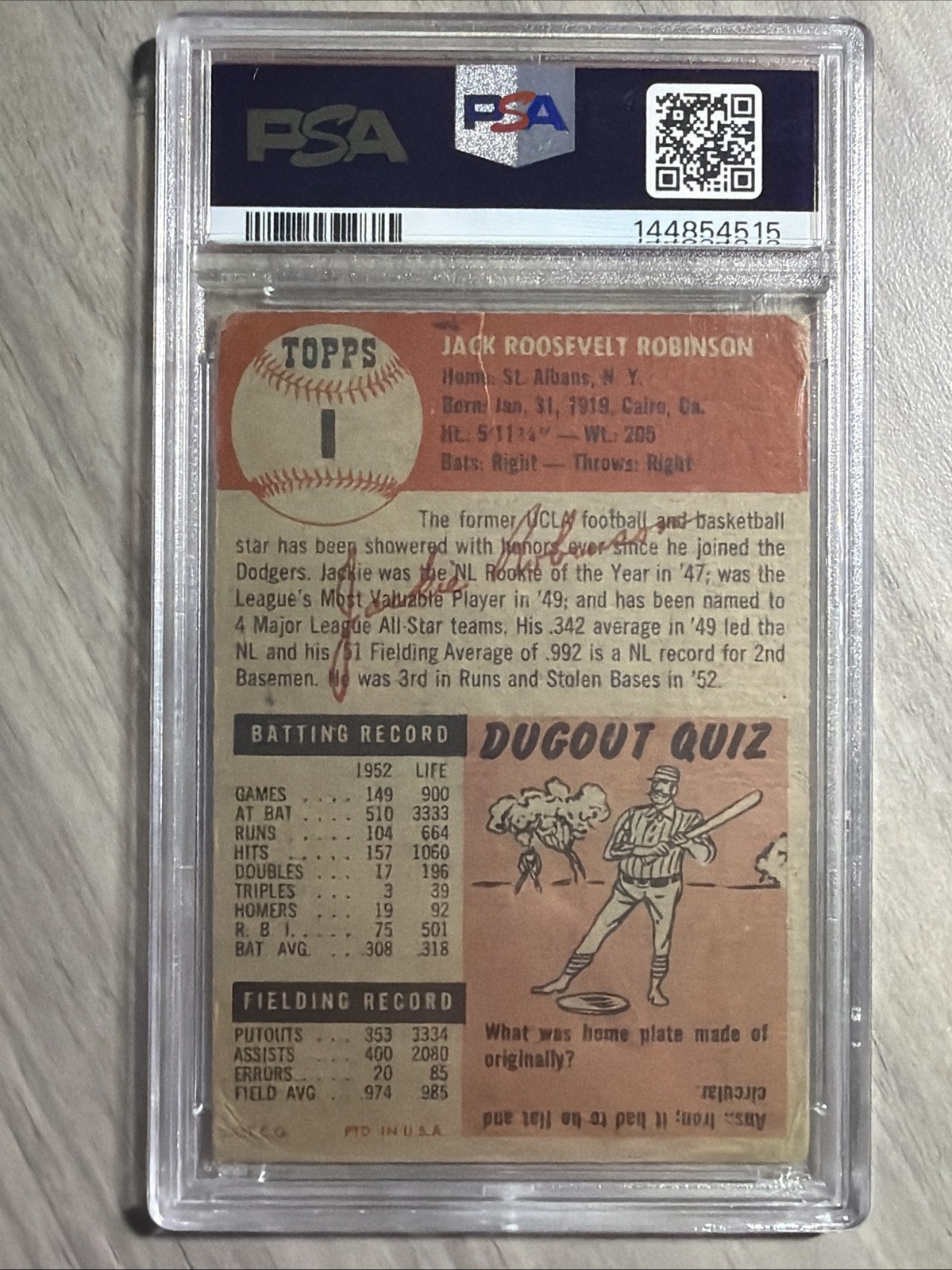 1953 Topps #1 Jackie Robinson PSA 1 (MK) Vintage HOF Baseball Card view 2