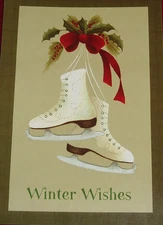 20 Boxed Christmas Cards White Figure Skates Holly Ribbon Winter Wishes