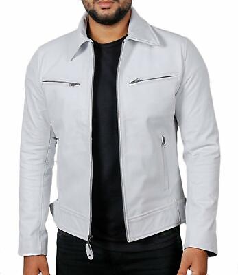 Men's Leather Jackets Motorcycle Bomber Biker White Real Leather Jacket Men 122