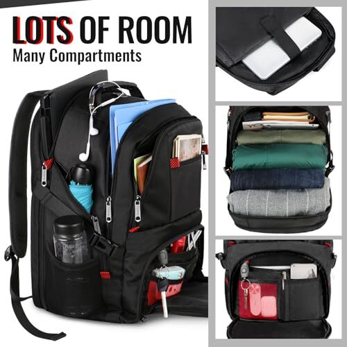 Travel Backpack, Extra Large 50L Laptop Backpacks for Men Women, 17 inch Black - Picture 3 of 7