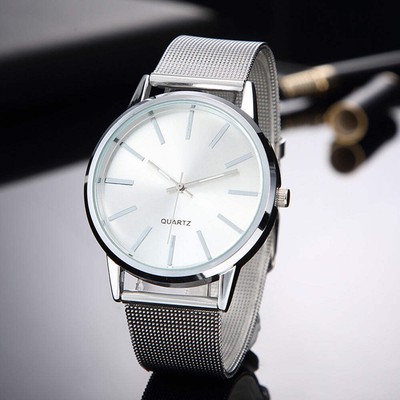 Ultra-thin Casual Stainless Steel Quartz Watch in Silver and Black/White Colors