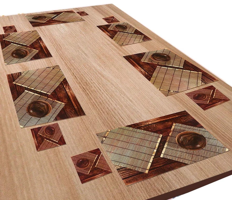PVC Wooden Style Dining Table Place Mats with Coaster 44x29 cm Set of 6 US - Image 3 of 3