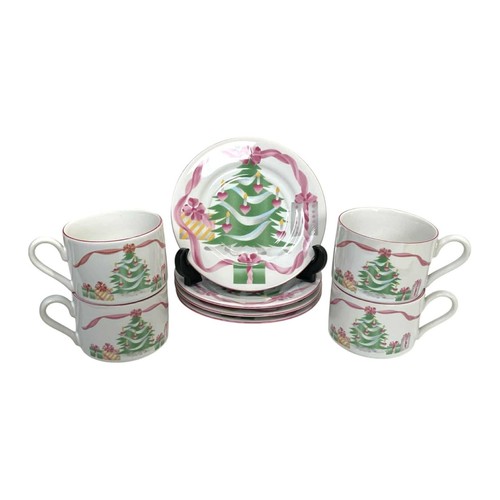 Sango Home For Christmas Tree Pink Ribbon Coffee Tea Cup & Saucer Set Vintage