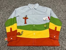 NEW Disney Shirt Adult Large Blue Green Mickey Mouse Embroidered Button Up Retro