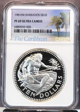 1981 BARBADOS SILVER 10 DOLLARS NEPTUNE NGC PF 69 ULTRA CAMEO 835 MINTED TOP POP