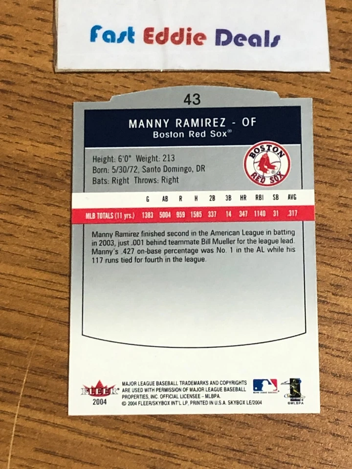 FLEER SKYBOX 2004 MLB BASEBALL MANNY RAMIREZ LIMITED EDITION CARD 43 RED SOX - Image 2 of 2