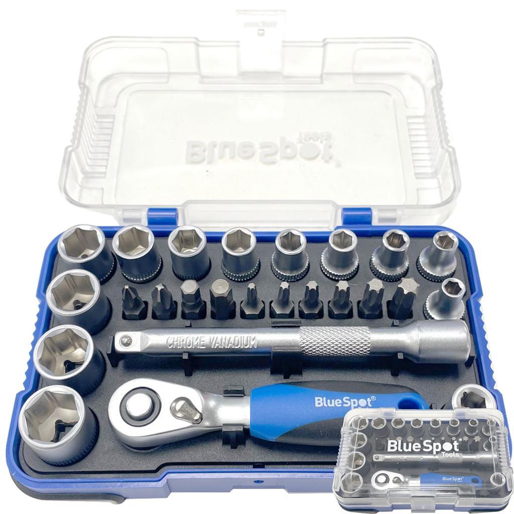 BlueSpot 25pc Screwdriver Bit Offset Ratchet Handle Socket Set 1/4"" Hex Torx Pz