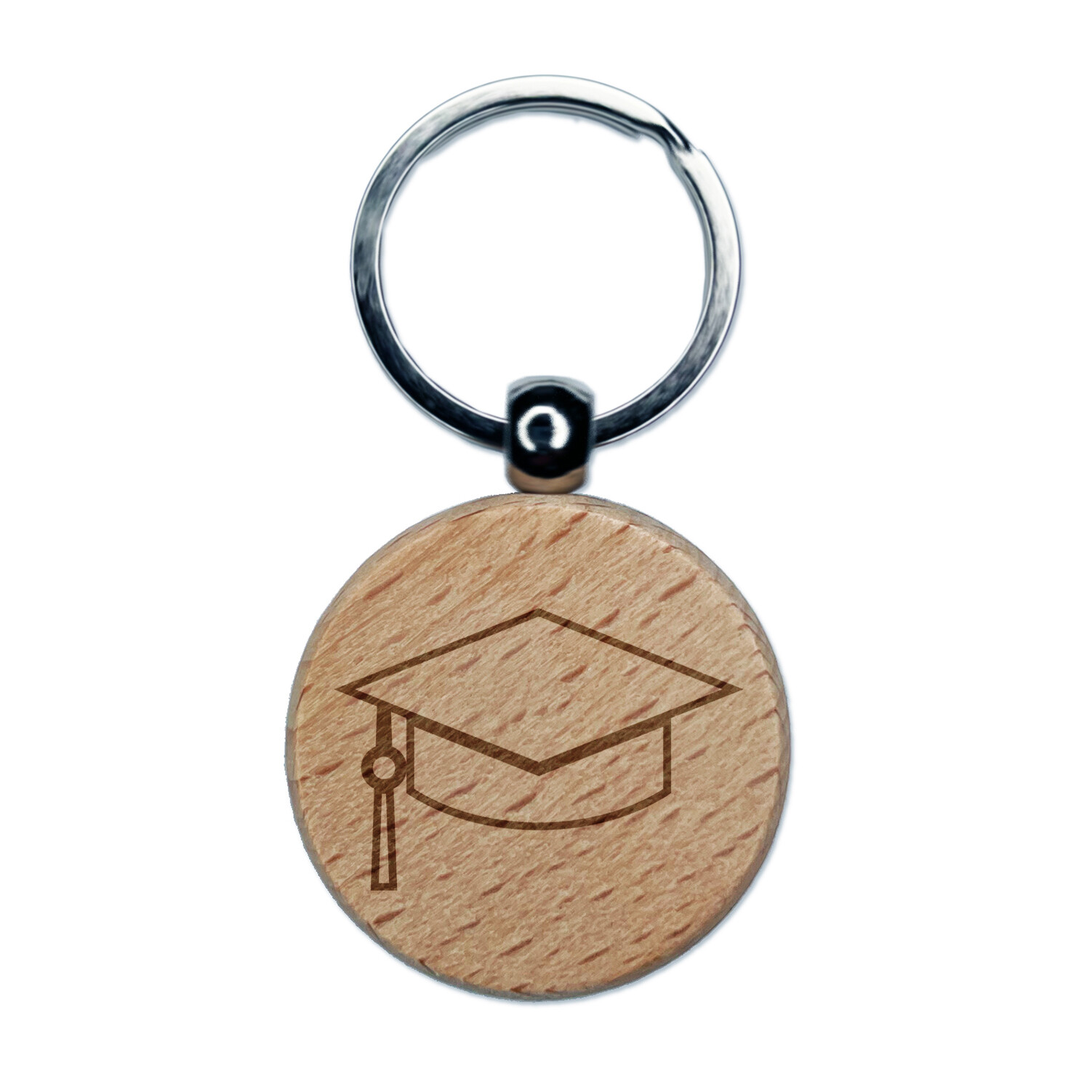 Graduation Cap Hat Engraved Wood Round Keychain Tag Charm