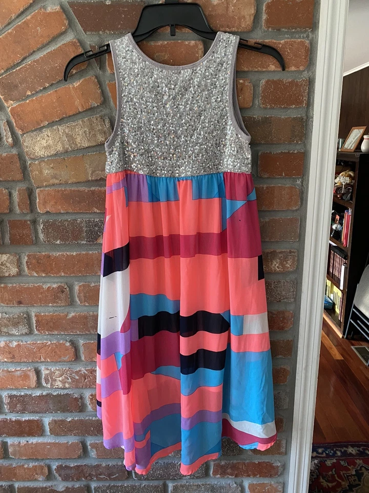 Truly Me Kids Girls Dress Sequin Sparkles Gray Rainbow Hi- Low Summer Size 12 - Image 2 of 4