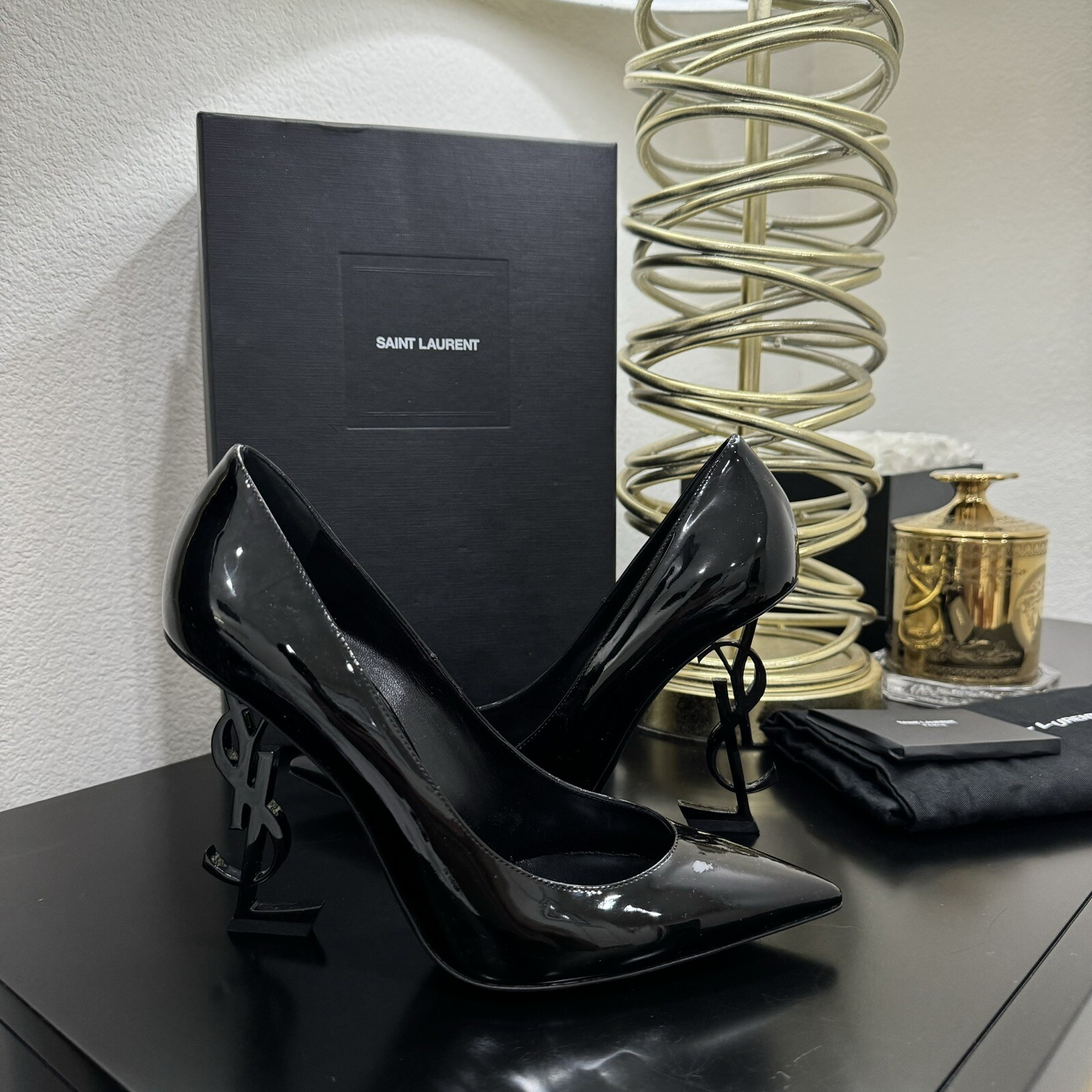 Saint Laurent YSL Opyum 110 logo tacco pompa vernice nero 38