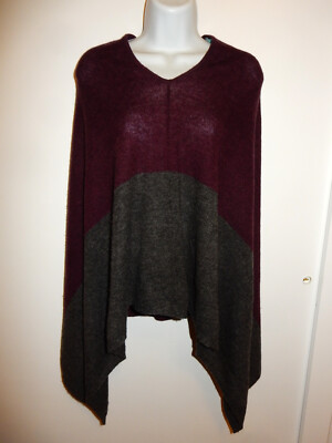 CELESTE WOOL/CASHMERE BURGUNDY/GREY WRAP SWEATER PONCHO ONE SIZE