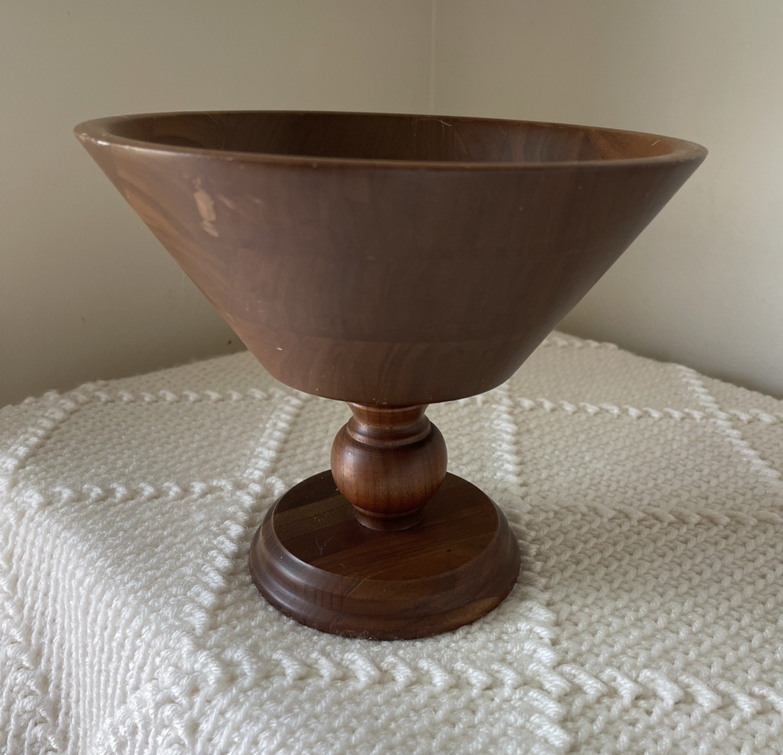 Pedestal Bowl Walnut Wood Footed Centerpiece Vintage Mid Century MCM Minimalist
