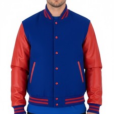 Varsity Baseball Letterman Bomber R-Blue & Red Leather Premium College Jacket