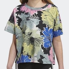Adidas Girls All Over Print T-Shirt Size Large 14 Boxy Colorful Hibiscus Floral