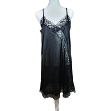 Vintage Lingerie Night Dress Womens Small Solid Black Slip Lace Trim  Panel