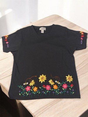 Vtg Paradise Bay Misses Black Garden Cottagecore Floral Embroidered Retro Tee XL