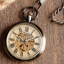Bronze Open Face Skeleton Automatic Pocket Watch Roman Numerals Men's with Chain