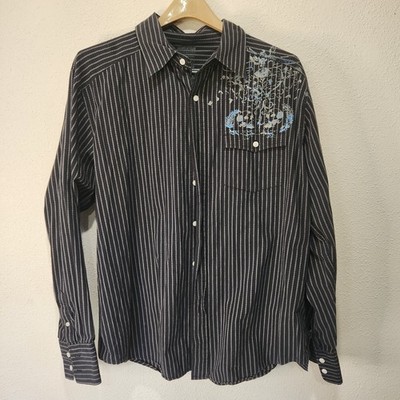 Roar Clothing Mens XL Button Down Shirt Black White Stripe Graphic Print Western