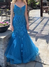 Blue Mermaid V-Neck Beaded Embroidered Tulle Long Gown Backless Zip Size small