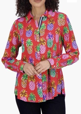 Foxcroft Zoey Pineapple Print Red Long Sleeve Button Up Shirt Size 14
