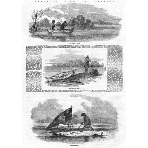 Frontier Life in America Canoe Making and Otter Hunting - Antique Print 1858