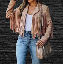 Womens Faux Suede Tops Jackets Fringe Long Sleeve Tassel Lapel Casual Coats 6-18
