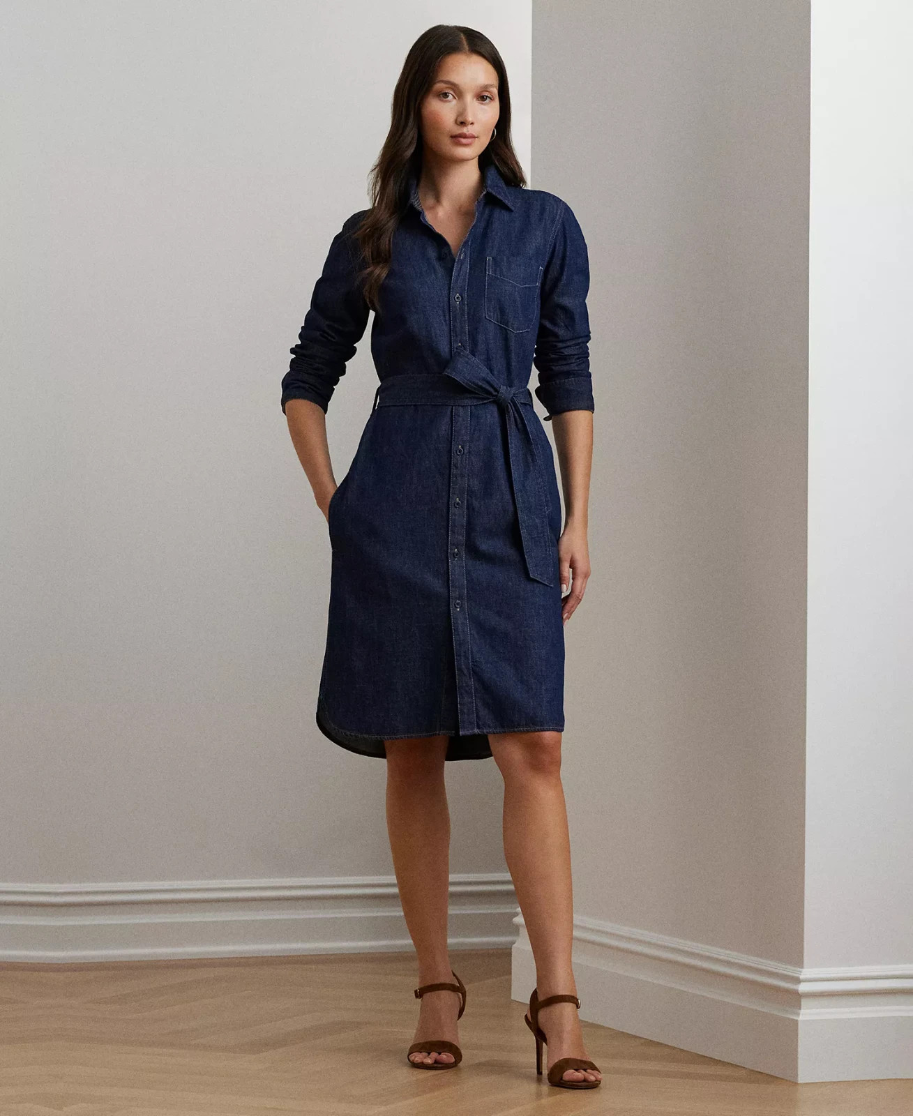 Lauren Ralph Lauren Belted Denim Shirtdress L Cotton Button Front Casual