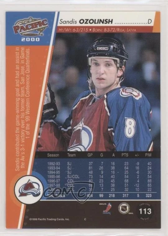 1999-00 Pacific Sandis Ozolinsh #113 - Image 2 of 2