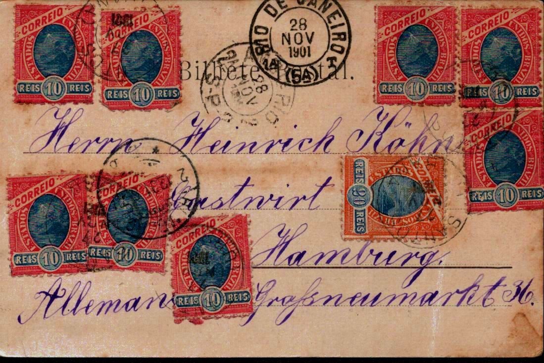 1901 Brazil Postcard to Germany with 9 Stamps!