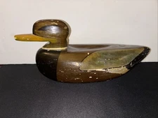 VINTAGE HAND CARVED AND PAINTED Brown HEADED WOODEN DUCK DECOY MARKED MICHAEL?