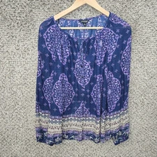 Lucky Brand Top Womens Small Blue Purple Peasant Blouse Boho Neck Tie Casual