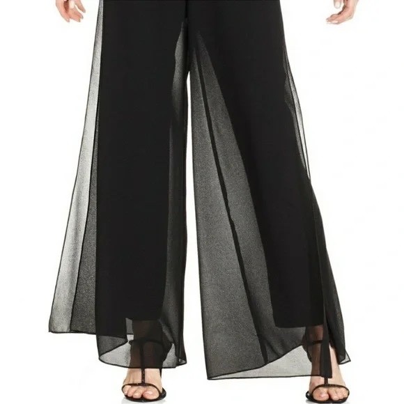 TADASHI SHOJI PETITE BLACK SHEER LINED WIDE LEG DRESS PANT, EUC, PXS