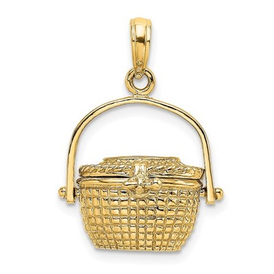 14K Gelbgold 3-D Nantucket Korb mit beweglichem Deckel und Griff Charm Anhänger