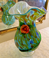 Vintage Murano Art Glass 13.5" Blue Millefiori w/ Green Spiral Wrap Vase