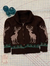 Vintage Hand Knit Cowichan Sweater Brown Deer Motif Fits Mens Small