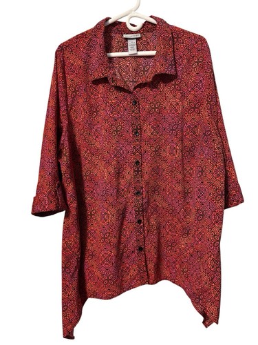 Catherines Womens 2X Red/Black Floral Button Up Tunic Top Roll Tab Sleeves 22/24 - Picture 1 of 4
