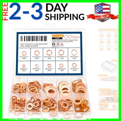 #ad 200pcs 9 Sizes Copper Metric Sealing Crush Washers Assortment KitFlat Seali... $19.79