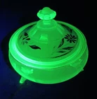 Vintage Green Depression Uranium Glass Painted Candy Dish With Lid