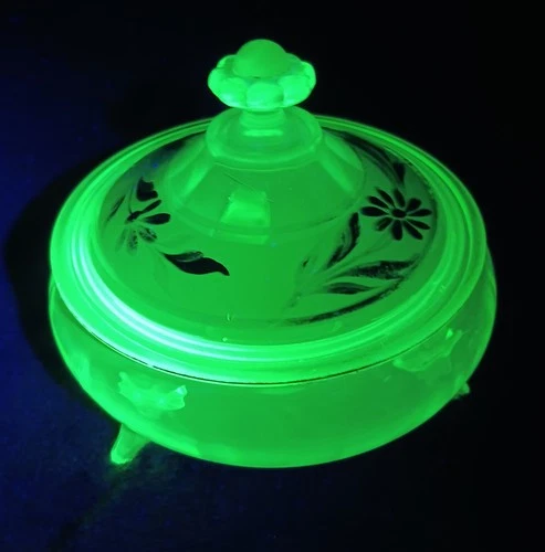Vintage Green Depression Uranium Glass Painted Candy Dish With Lid