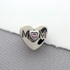 925 Silver and CZ Inlay 'MOM' Heart Shaped Bead Fashion Charm for Snake Bracelet