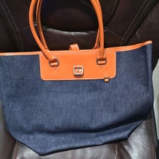 Blue Denim Orange Women's Tote Bag Contrast Trim Double Handles