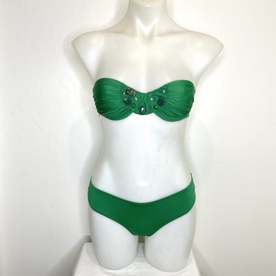 La Perla 2 Piece Bikini Swimsuit Set Womens 40 US 4 Kelly Green Beaded