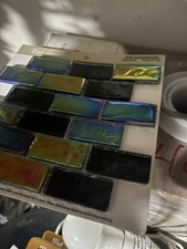 Iridescent Glass Brick Mosaic Tile Sheet Blue Green Black 1x2 12x12 Glossy x1