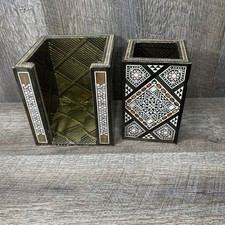 Persian Khatam Inlaid Design Pen/Pencil Holder & Memo Holder W/Gold Fabric