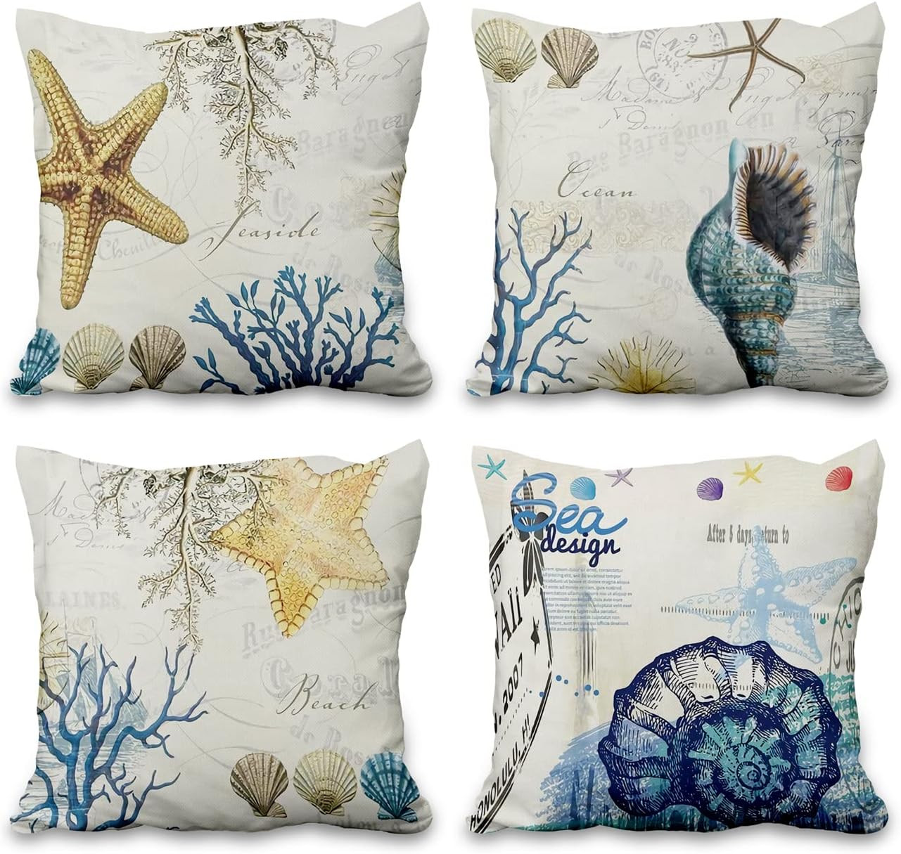Federe Cuscini Divano 51x51 cm Tema Mare Conchiglia | Set 4 Pezzi Lino