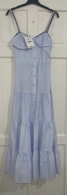 ZARA BLUE WHITE STRIPED THIN STRAPS GATHERED COTTON BLEND MIDI DRESS SIZE S BNWT - Image 1 of 4
