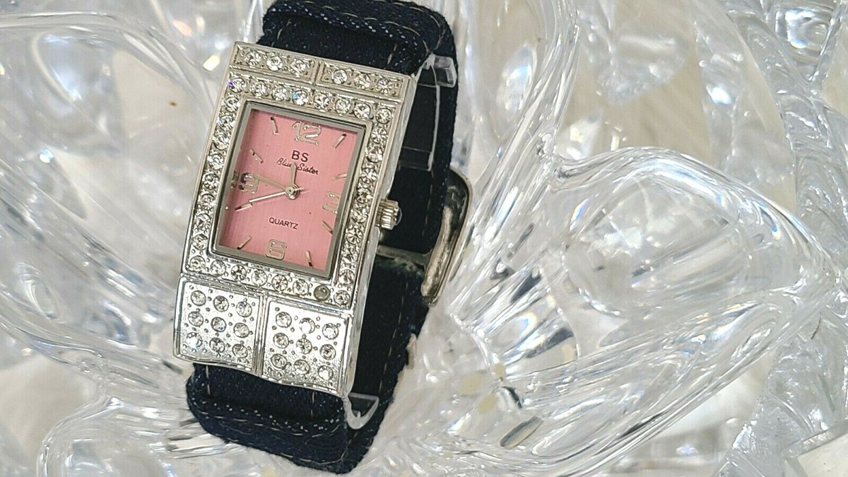 Blue Sister Crystal Gemmed Pink- Dial Leather Blue-Jean Band