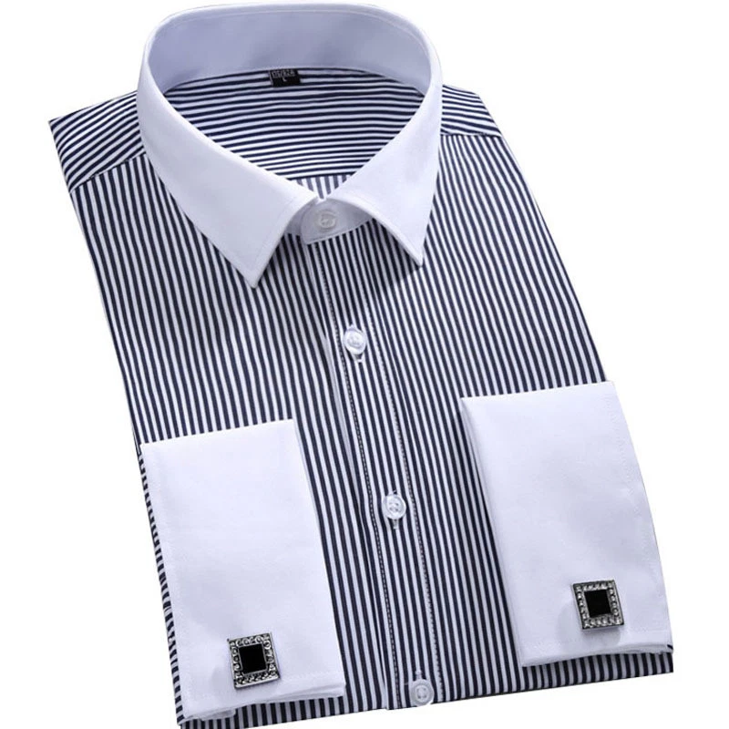 Mens Dress Shirts Luxury Striped Long Sleeves Formal French Cuff Casual Shirts - Image 4 of 4