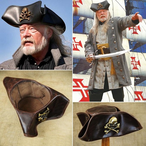 skull & crossbones leather pirate tricorn hat perf